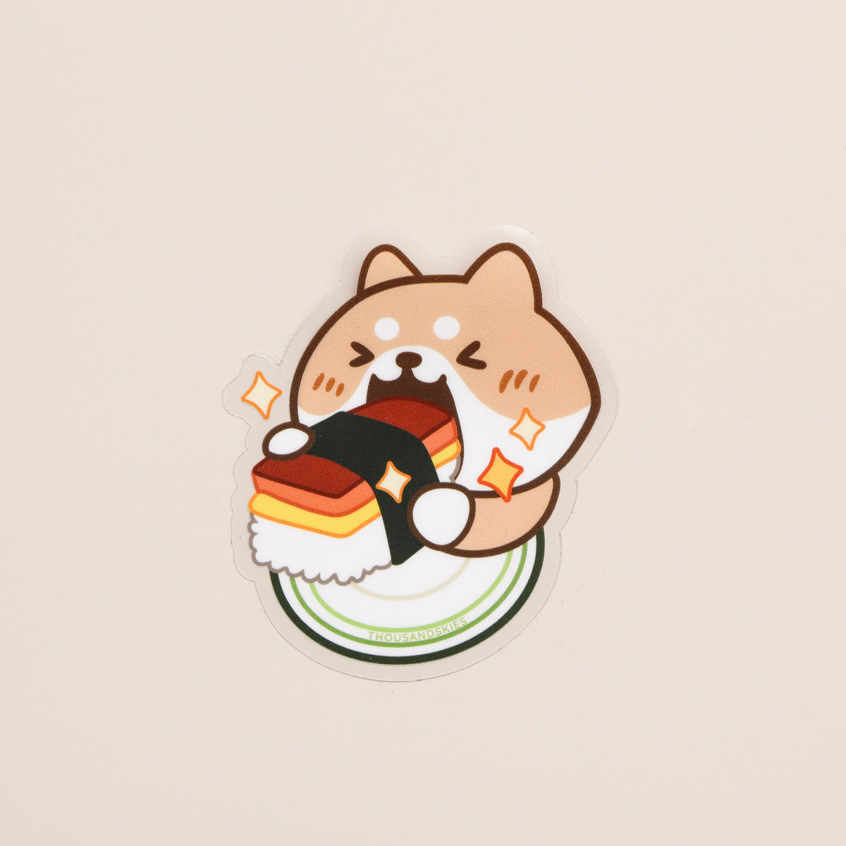 Vinyl Sticker (Transparent) Savory Breakfast - Shiba Loves Spam Musubi –  thousandskies