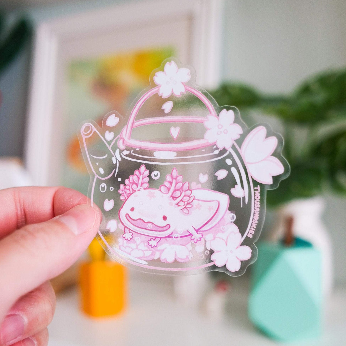 Vinyl Sticker (Transparent) Cherry Blossom Axolotl Tea – thousandskies